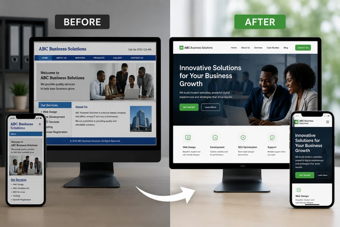 Comparison between an outdated website and a modern responsive business website