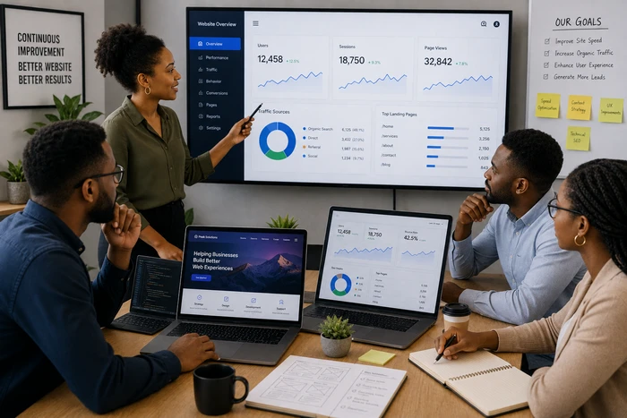 Website development team improving a business website for long-term growth