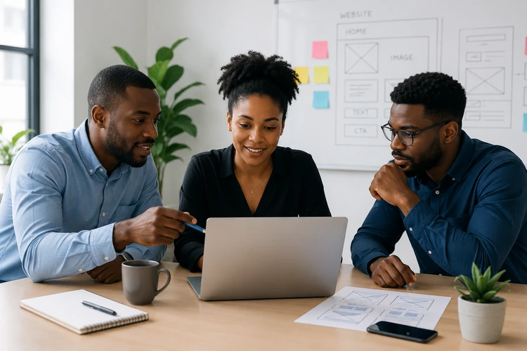 Business owners discussing website development strategy in Kenya